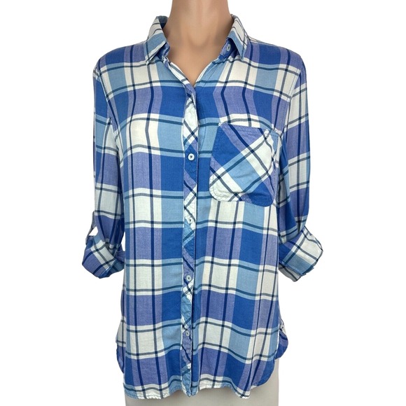 Kenneth Cole Reaction Women Blouse Sz M Blue & White Plaid Button-Up Long Sleeve - Picture 1 of 6
